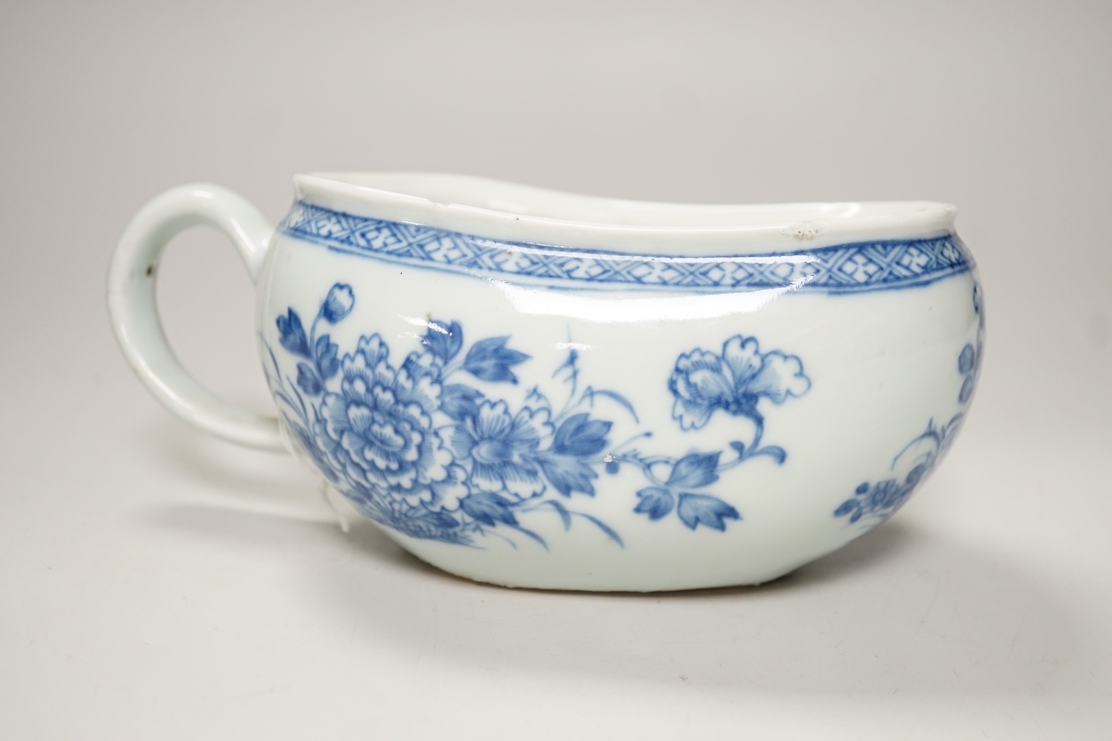 An 18th century Chinese export blue and white porcelain bordalou. 22cm wide